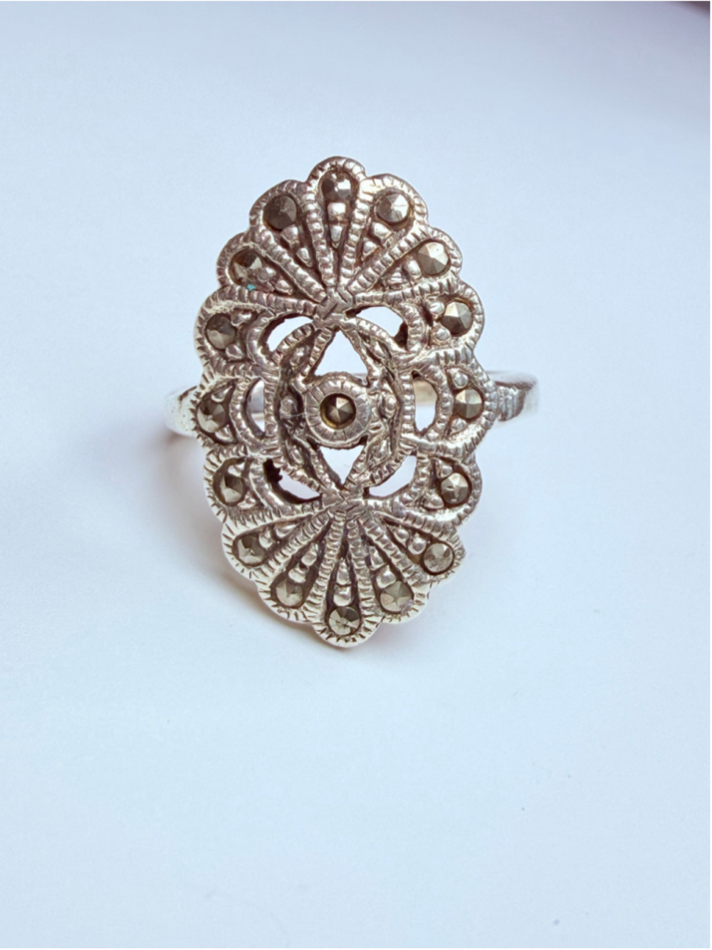 Art Deco Revival Marcasite Filigree 925 Sterling Silver Vintage Long Oval Ring